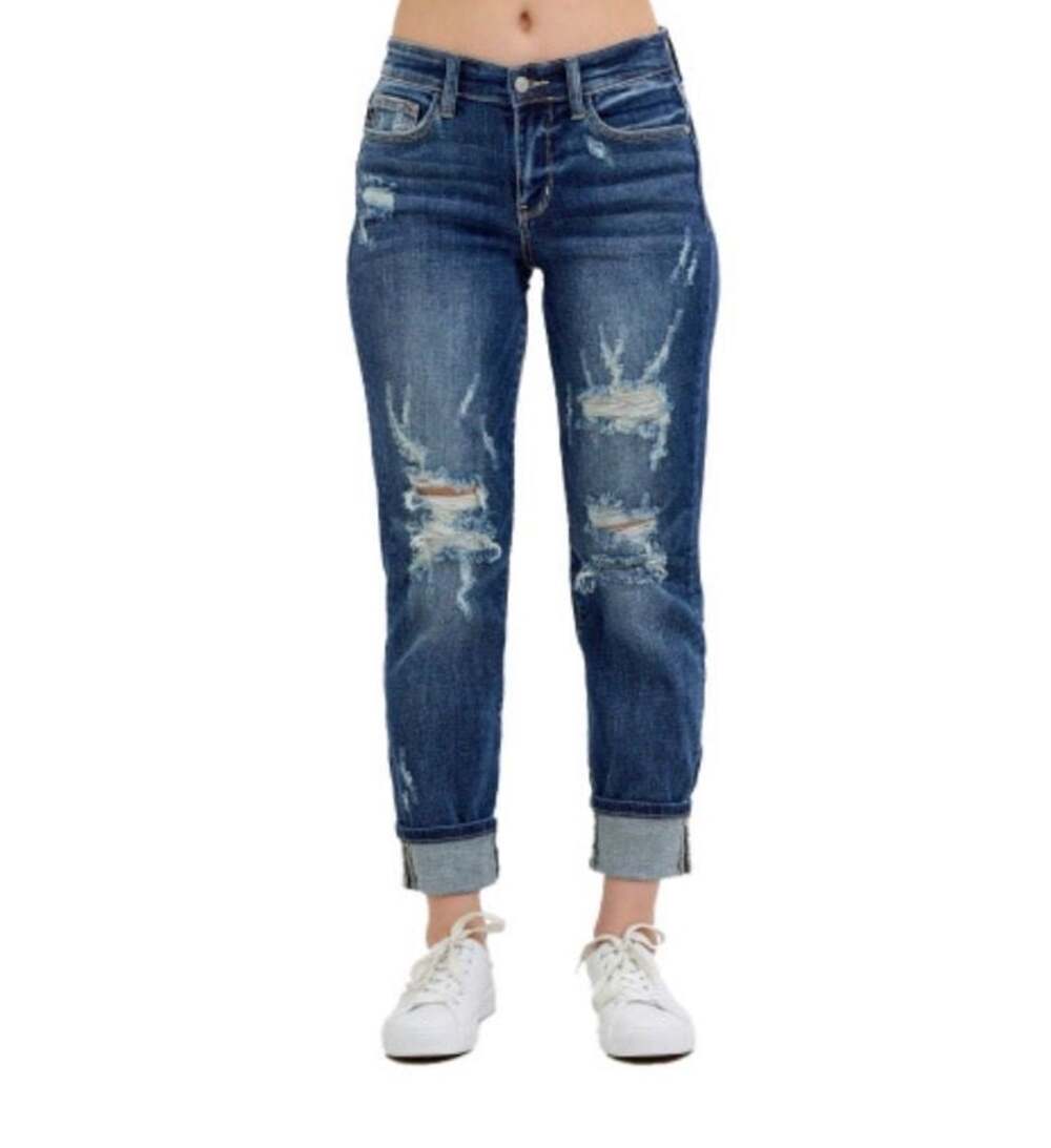 NWT Judy Blue Mid-Rise Cuffed Destroyed Boyfriend Jeans Style 82427